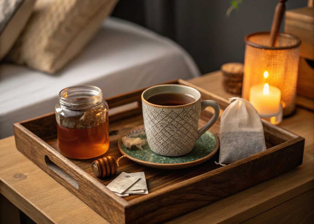 Cozy wooden serving tray with a ceramic mug of steaming herbal tea, small honey jar, a few tea bags displayed in a linen pouch, warm candle beside it, all resting on a nightstand in a softly lit bedroom at night, hygge and self-care aesthetic, close-up lifestyle photography.