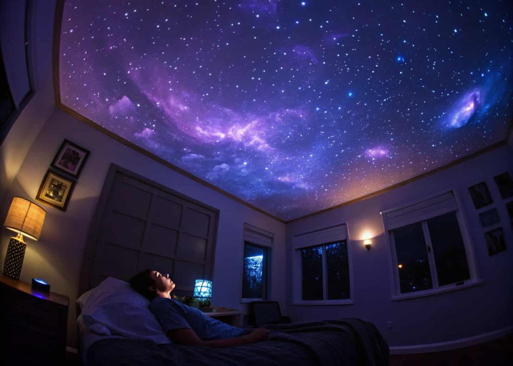 Bedroom ceiling and walls covered in thousands of tiny projected star points and soft purple-blue nebula galaxy clouds from a star projector, person lying in bed looking up in wonder, dark cozy room with one soft warm lamp in background, dreamy and immersive night atmosphere, wide angle bedroom photography.