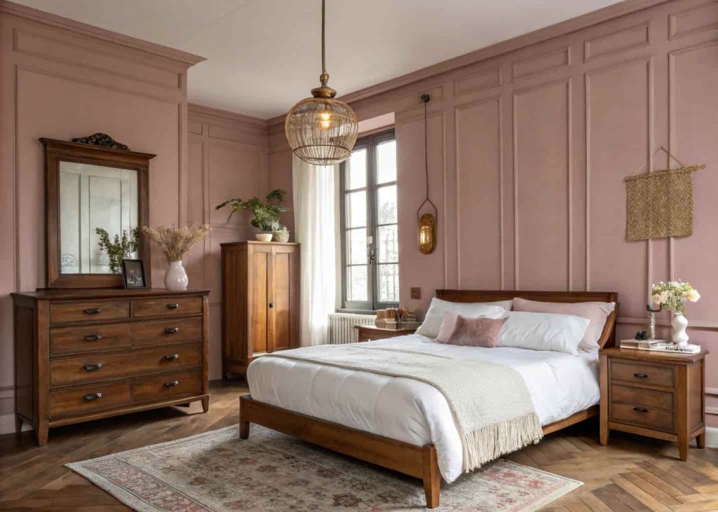 A romantic bedroom with dusty rose matte walls, a brass pendant light, warm walnut wood furniture, white cotton bedding with soft folds, a vintage-style mirror, and a small bouquet of dried flowers on the dresser