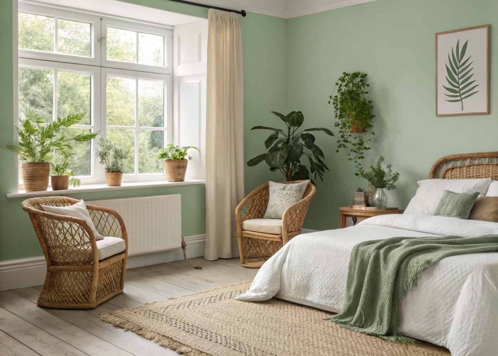 A serene bedroom with sage green walls, rattan furniture, white and linen bedding, indoor plants in terracotta pots on the windowsill, natural wood flooring, and soft diffused light filling the room