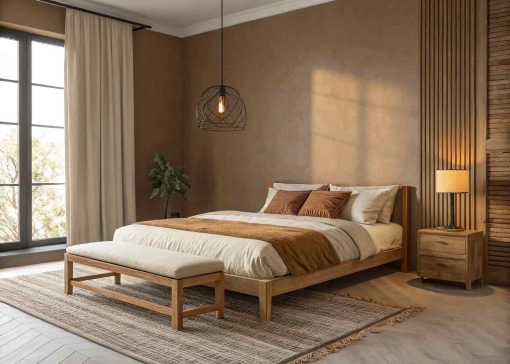A minimalist yet cozy bedroom with warm taupe walls, a low platform bed with cream and caramel-toned bedding, a simple wooden bench at the foot of the bed, a floor lamp with a warm bulb, and subtle shadow patterns across the wall