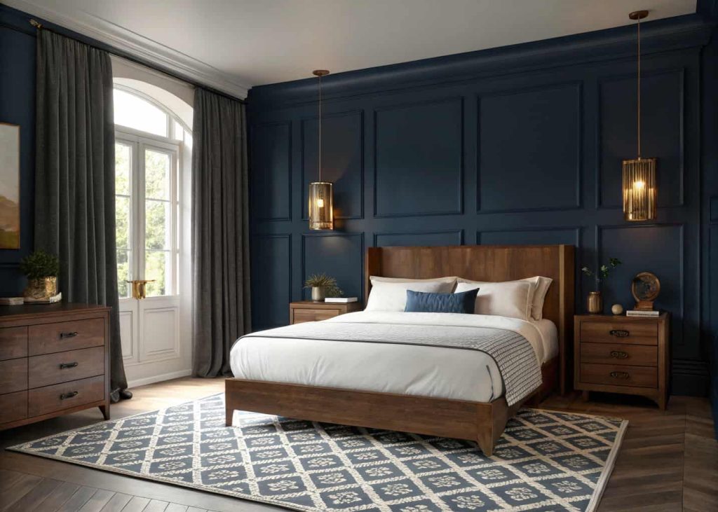 A moody and elegant bedroom with soft navy walls, crisp white bedding, brass bedside lamps casting warm light, rich wood furniture, a geometric patterned rug, and a dark curtain slightly open to reveal soft evening light outside