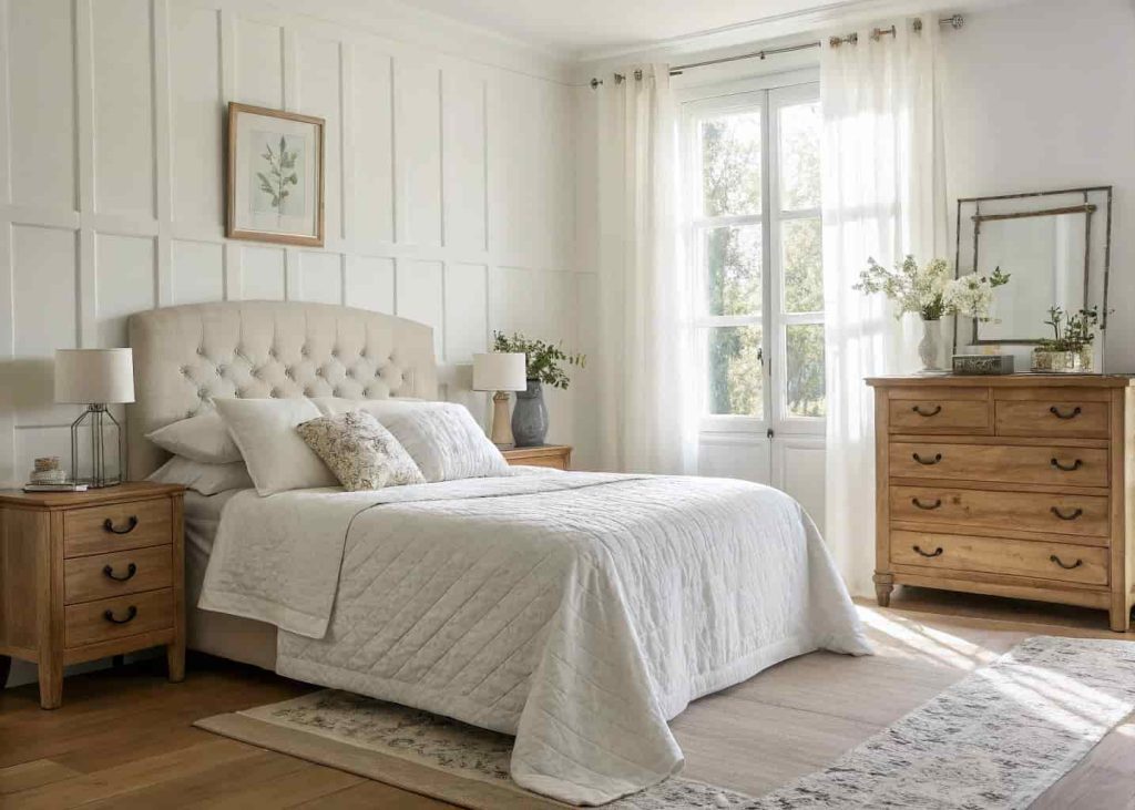 A light-filled bedroom with creamy white walls, textured white cotton bedding, a linen upholstered headboard, soft shadows from a window with white curtains, a wooden dresser, and a small ceramic vase with simple white flowers on the nightstand