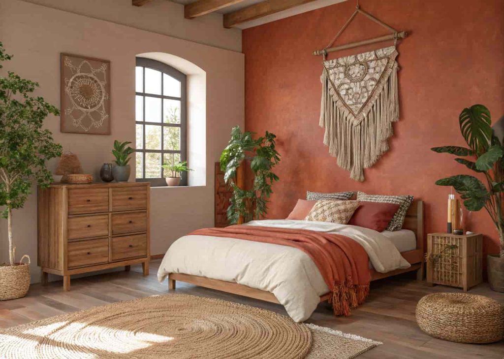 A warm and earthy bedroom with terracotta-painted walls, cream and rust-toned bedding, woven jute rug, hanging macrame wall art, green potted plants, wooden furniture with organic shapes, and golden afternoon light pouring through the window