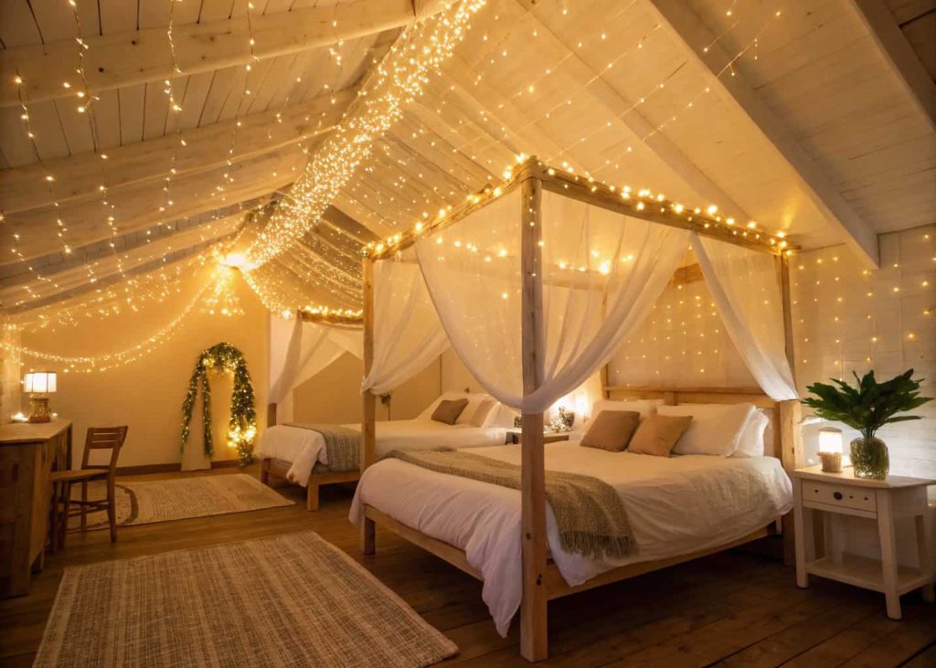 A cozy bedroom ceiling fully covered with warm white fairy lights draped like a glowing canopy, soft wooden furniture, white linen bedding, golden warm ambiance, dreamy romantic atmosphere, interior lifestyle photography, soft bokeh