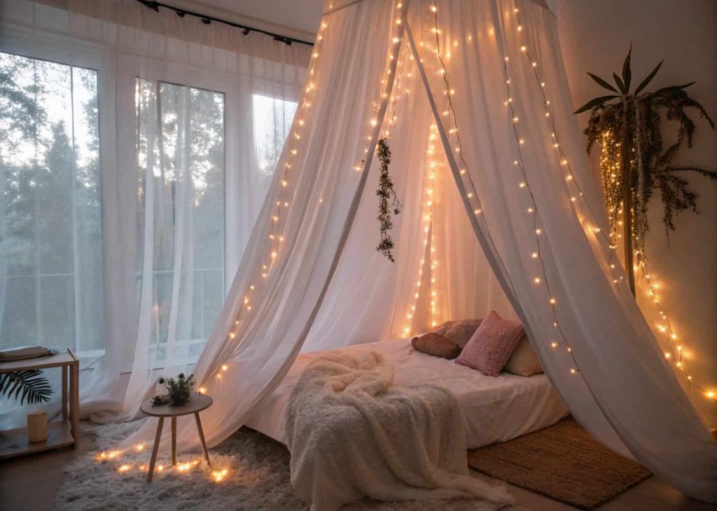 Bedroom with long flowing white sheer curtains glowing warmly from fairy lights placed behind them, ethereal dreamy aesthetic, cozy night setup, pastel tones, soft diffused light, relaxing bedroom interior photography