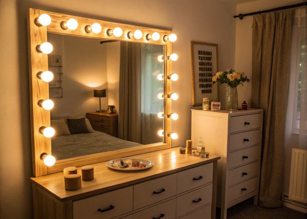 Large bedroom mirror surrounded by round bulb fairy lights like a Hollywood vanity, warm golden glow, cozy aesthetic bedroom, dresser with small decor items, soft warm light, interior photography night mood