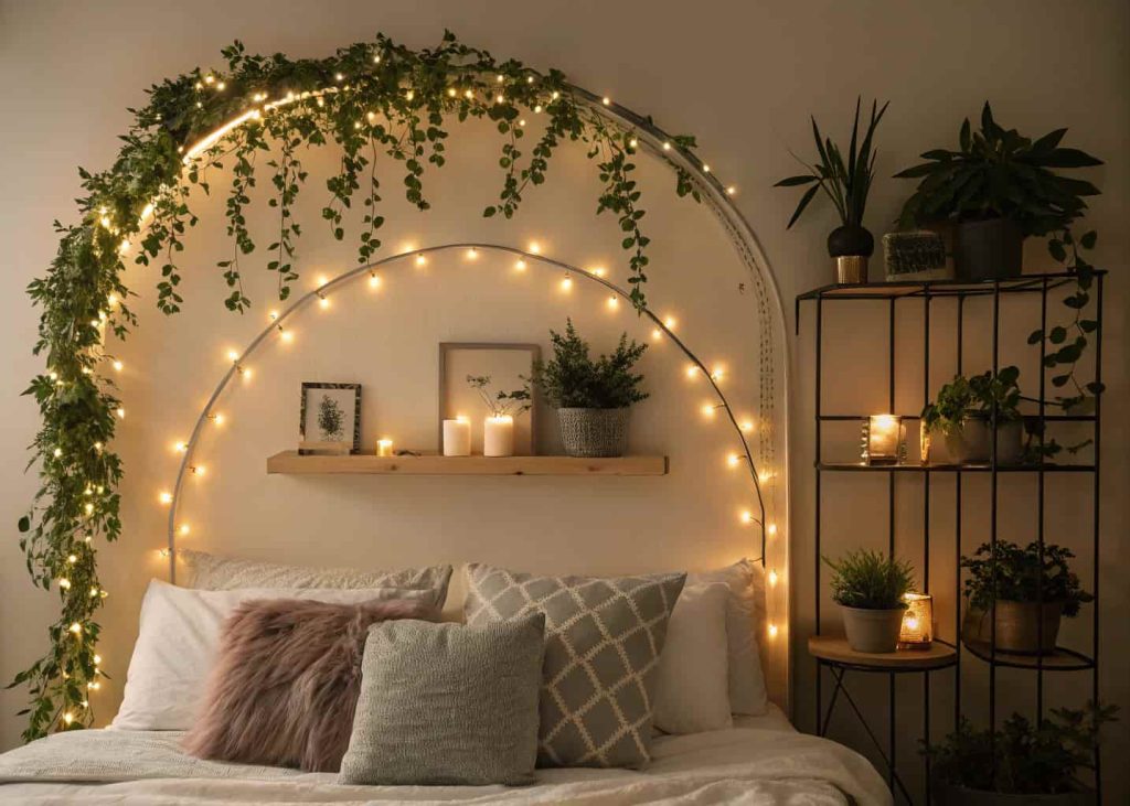 Bedroom wall behind bed with fairy lights shaped into a glowing arch frame as a headboard, soft warm tones, cozy bedroom aesthetic, fluffy pillows, floating shelves with plants and candles, night interior photography