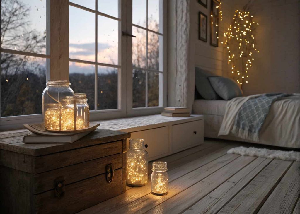 Several glass mason jars filled with glowing warm fairy lights placed on a rustic wooden nightstand and windowsill, cozy cottage bedroom aesthetic, soft bokeh, warm evening light, hygge inspired interior photography