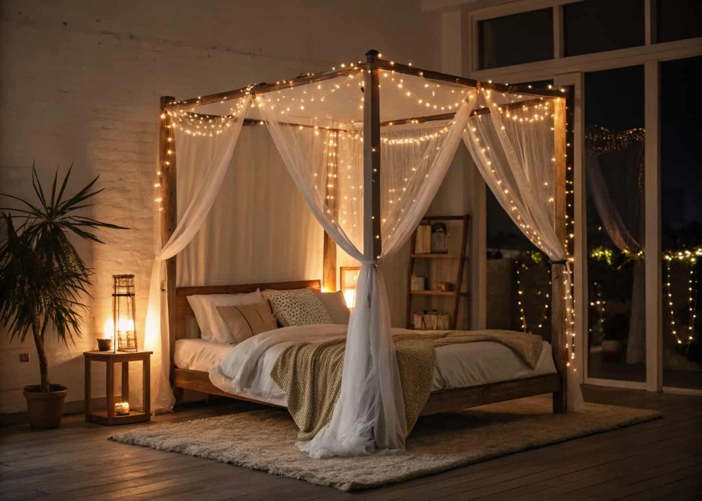 Four poster bed with warm fairy lights wrapped around all four posts, sheer canopy fabric, cozy romantic bedroom aesthetic, soft warm glowing light, white and cream bedding, nighttime interior lifestyle photography