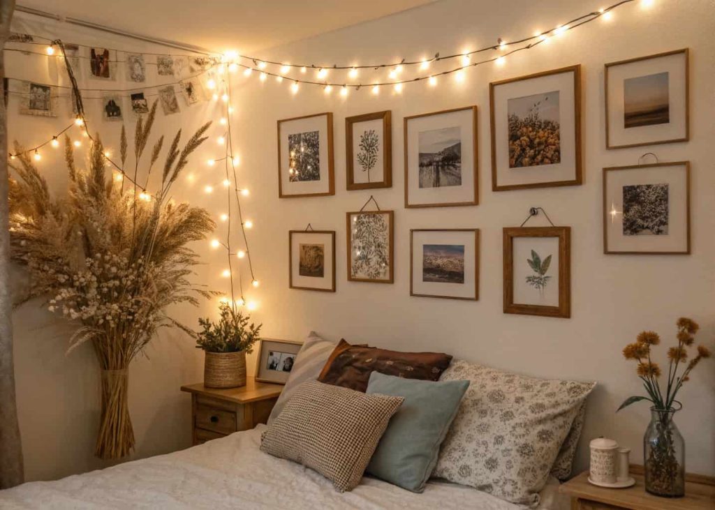 Bedroom gallery wall with mix of framed photos and art prints with warm fairy lights draped loosely around the frames, cozy aesthetic, dried flowers, soft warm glow, wood tones and neutral palette, interior photography