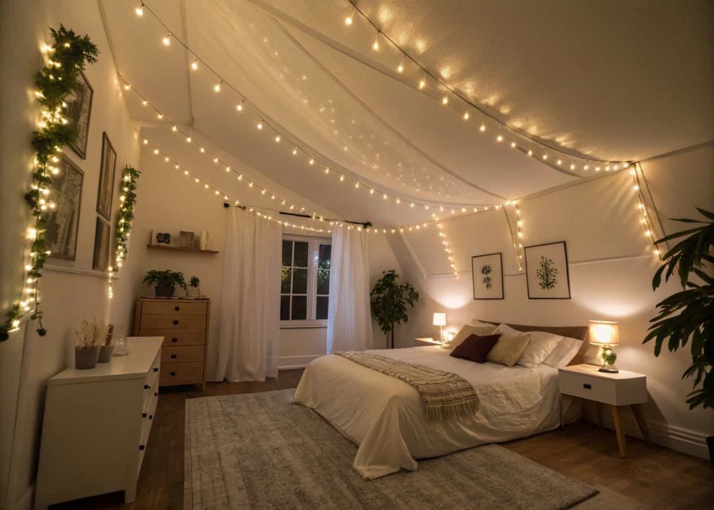 Cozy bedroom with warm white fairy lights running along the ceiling border where it meets the walls, soft ambient glow, minimalist bedroom interior, neutral tones, relaxing night atmosphere, wide angle interior photography