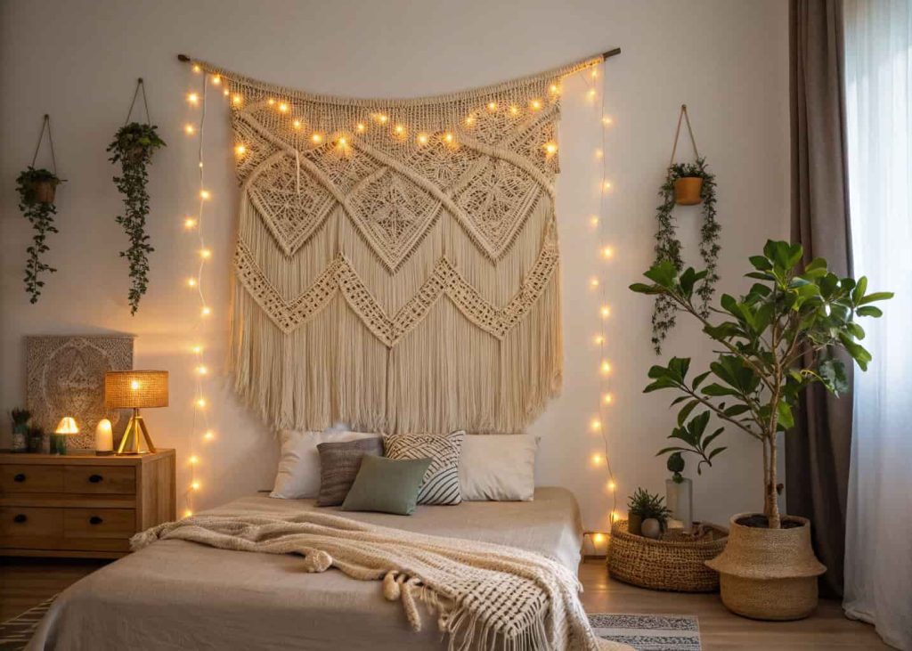 Large boho macrame wall hanging with warm fairy lights woven through the knotted design, bedroom behind a bed, cozy boho aesthetic, warm golden glow, natural textures, neutral bedroom palette, interior photography