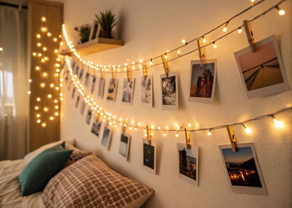 Bedroom wall with multiple strands of warm fairy lights hung horizontally with photos clipped to them using wooden clothespins, polaroid photos, cozy bedroom aesthetic, warm golden light, personal and heartfelt room decor, interior photography