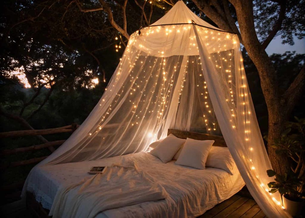 Sheer white bed canopy draped from ceiling with warm fairy lights glowing from inside the fabric, cozy romantic bedroom, soft golden cocoon of light above the bed, white bedding and pillows, dreamy interior night photography
