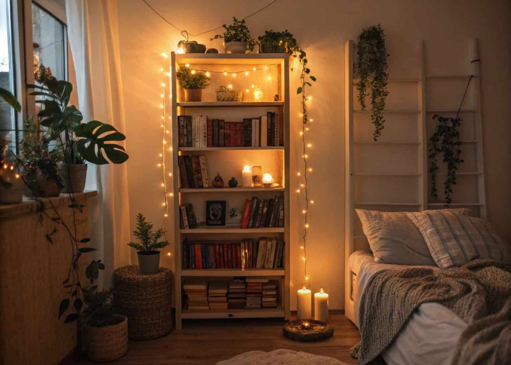 Cozy bedroom bookshelf filled with books and small decor items with warm fairy lights draped between shelves, soft warm glow behind book spines, plants and candles on shelves, hygge cozy aesthetic, interior photography at night