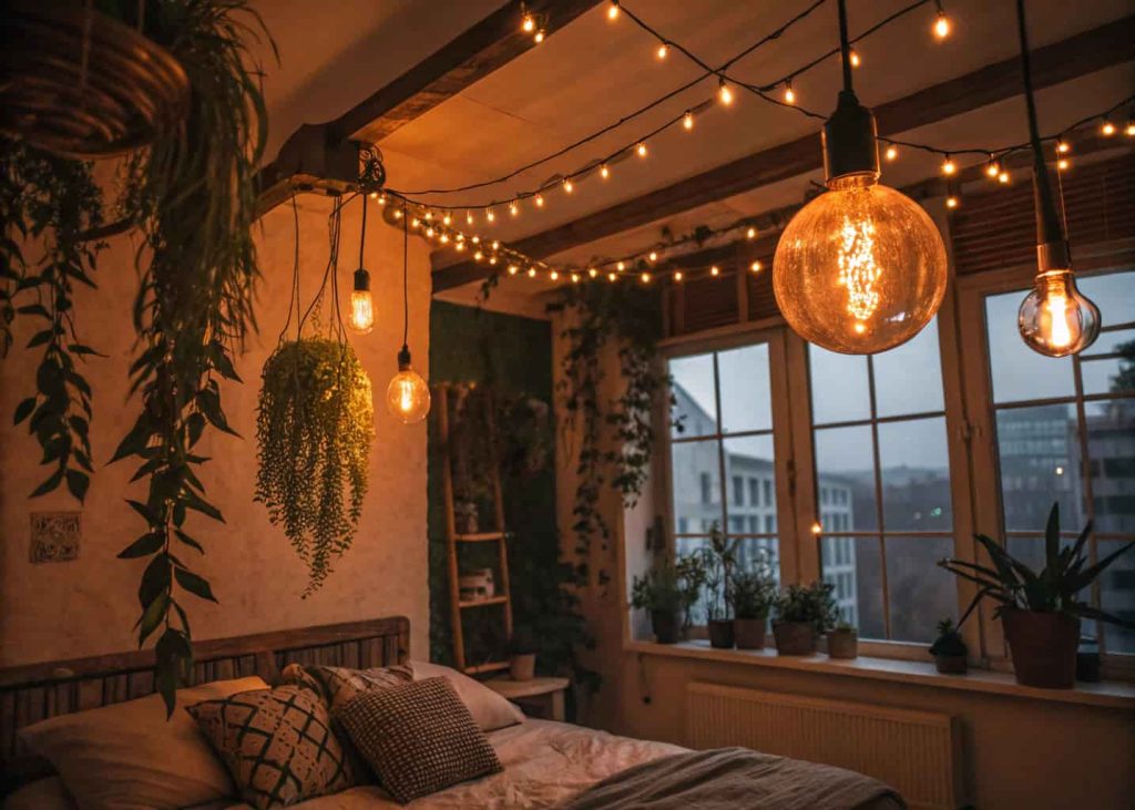 Bedroom interior with large globe Edison string lights strung across the ceiling, warm amber glow, indoor boho aesthetic, plants hanging near window, cozy atmospheric night photography, café-style lighting indoors, relaxed bedroom