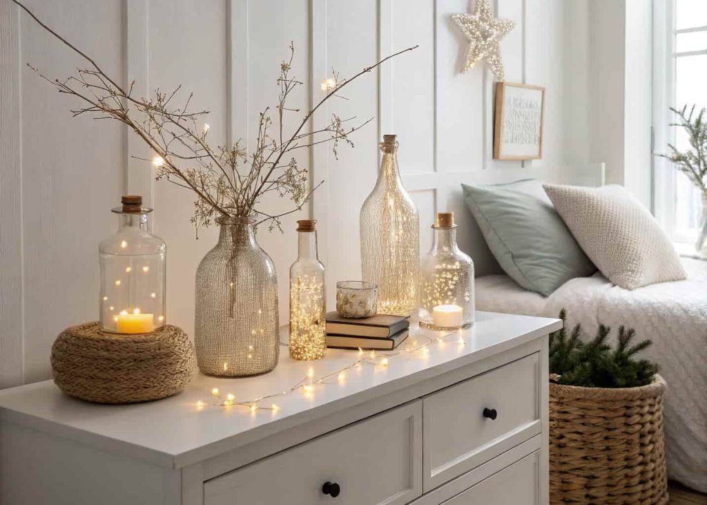 Clear glass bottles and vases of different sizes filled with warm glowing fairy lights arranged on a bedroom dresser, minimalist cozy bedroom aesthetic, soft warm light, clean and modern interior photography, night mood lighting