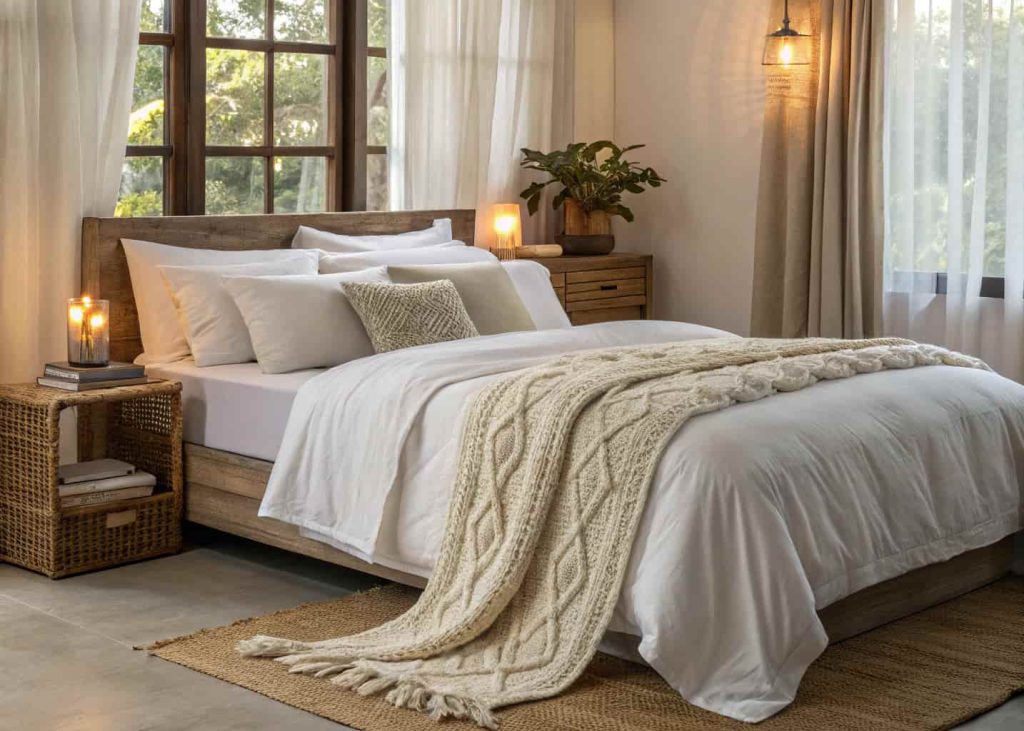 A beautifully layered bed with white linen sheets, a cream chunky knit throw draped over the foot, multiple pillows in soft neutral tones, warm morning light coming through sheer curtains, cozy bedroom atmosphere, interior photography style.