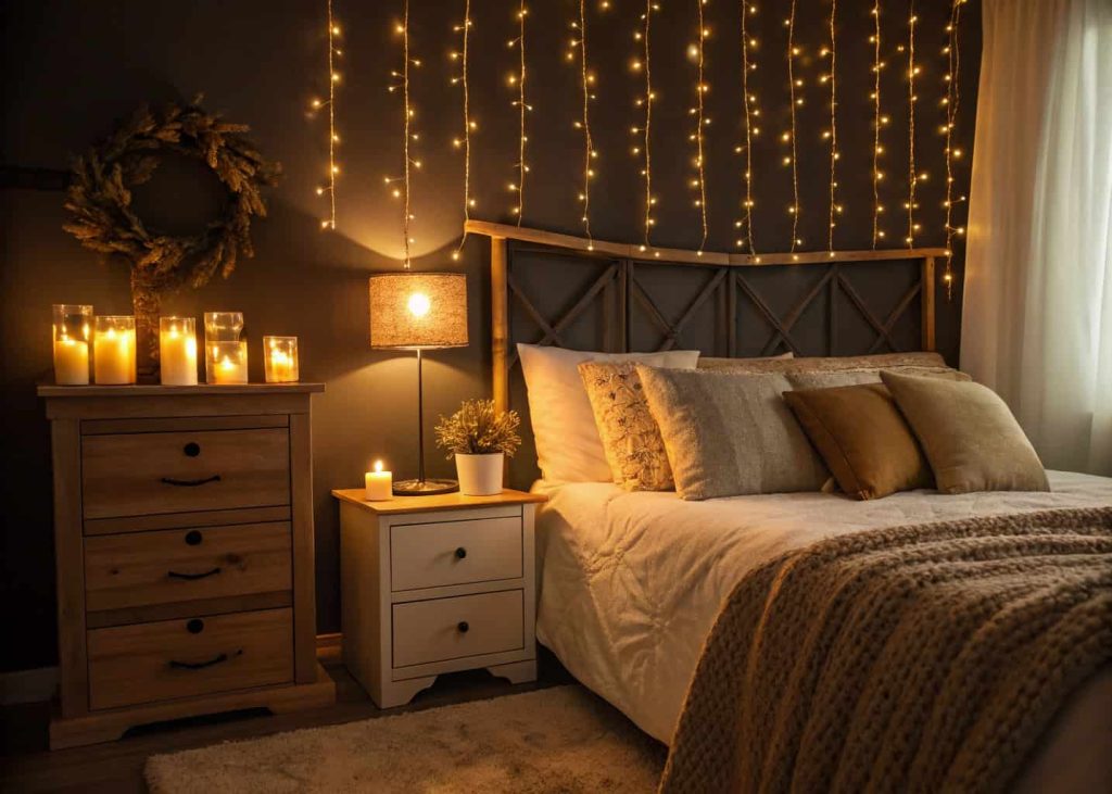 A cozy bedroom at night with warm glowing bedside lamps, soft string lights above the headboard, candles on a wooden nightstand, golden amber lighting, dark walls, plush bedding, intimate and relaxing atmosphere