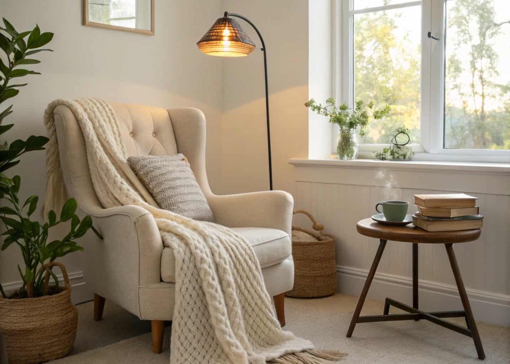 A cozy reading nook in a bedroom corner, oversized cream armchair with a chunky knit blanket, a tall floor lamp with warm light, small wooden side table with a cup of tea and books, soft natural light, plants nearby, hygge aesthetic.