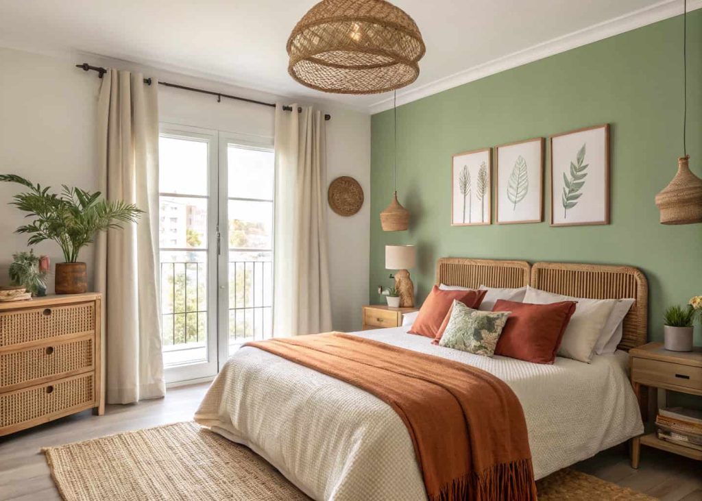 A bedroom with sage green accent wall, warm white bedding, terracotta throw pillows, wooden furniture, rattan lampshade, linen curtains, soft natural daylight, earthy and cozy interior design, Scandinavian-boho style.