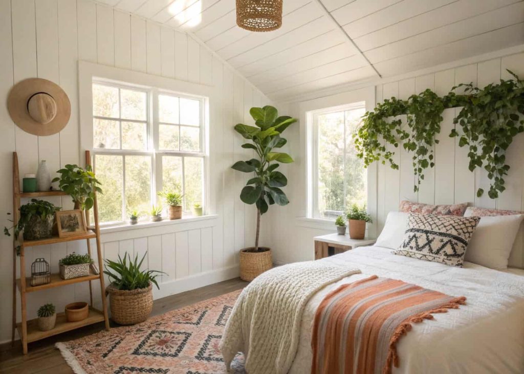 A bright cozy bedroom with multiple houseplants including a large fiddle leaf fig in the corner, pothos on a shelf, small succulents on a windowsill, white walls, warm natural light, boho decor style, lush and calming atmosphere.