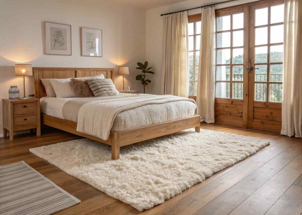 A cozy bedroom with a large cream high-pile area rug under a wooden bed frame, soft warm tones, plush bedding, natural light through linen curtains, wooden floors visible around the edges, minimalist and warm interior design.