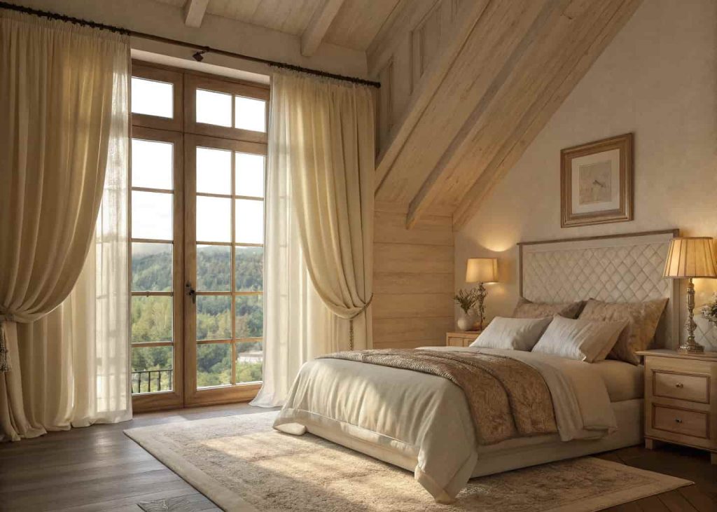 A cozy bedroom with floor-to-ceiling linen curtains hung high above a large window, warm morning light filtering through, soft cream and earthy tones, plush bedding, tall curtain rod, elegant and relaxing atmosphere, interior design photography.