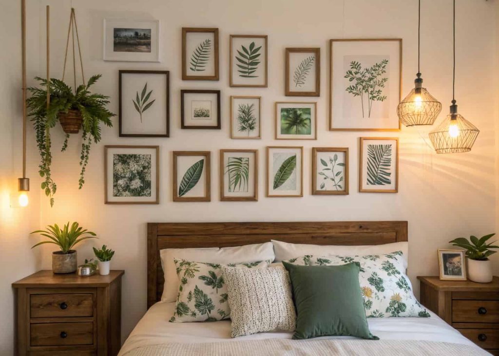 A cozy bedroom gallery wall above a bed headboard, mix of framed photos, botanical prints, small artworks in different frame sizes and finishes, warm ambient lighting, white walls, personal and curated aesthetic, interior design flat lay style.