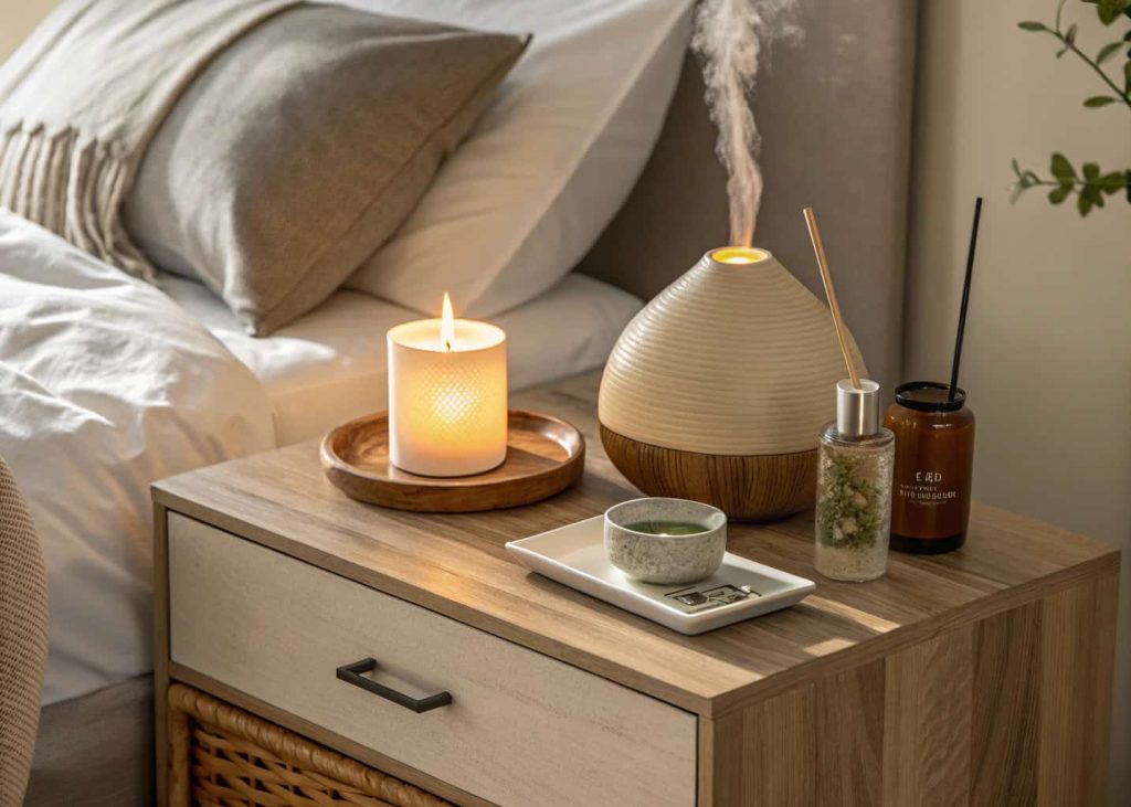 A cozy bedroom nightstand with a lit soy wax candle, essential oil diffuser with a gentle mist, small ceramic tray, warm amber glow, soft shadows, linen bedding in the background, calming and luxurious bedroom atmosphere, product lifestyle photography.