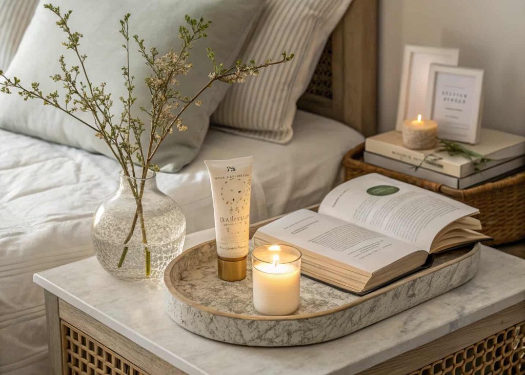 A styled bedroom nightstand with a small lamp, single stem in a bud vase, open book, marble tray holding a candle and hand cream, warm light, linen bedding in background, minimalist cozy aesthetic, interior styling photography.
