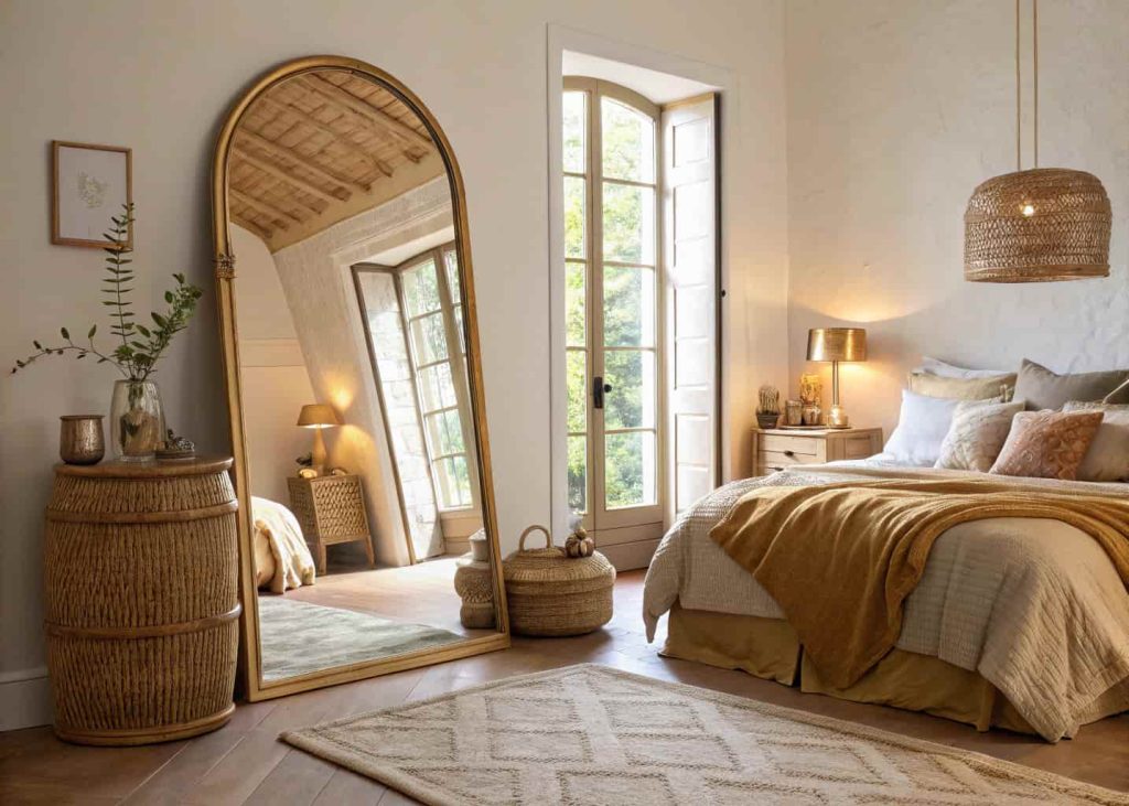 A cozy bedroom with a large arched brass floor mirror leaning against the wall, warm afternoon light reflecting around the room, plush bedding, rattan accents, natural warm tones, editorial interior photography style, airy and elegant.
