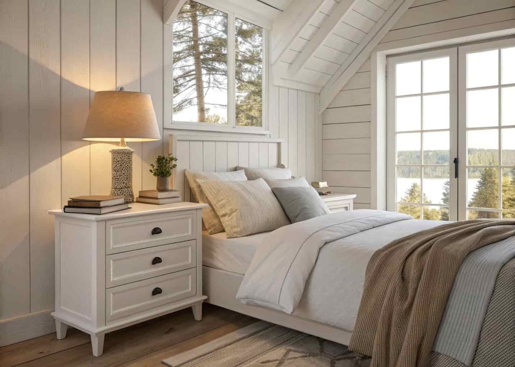 A clean, decluttered cozy bedroom with minimal decor, organized nightstand with just a lamp and one book, neatly made bed with soft layered bedding, open airy feel, warm natural light, calm and peaceful atmosphere, Scandinavian minimal interior style.