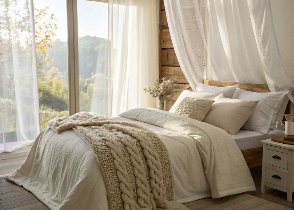 Cozy bed with layered white and cream bedding, chunky knit throw blanket, warm bedroom lighting, linen pillows, soft morning light coming through sheer curtains, hygge aesthetic, realistic photo style