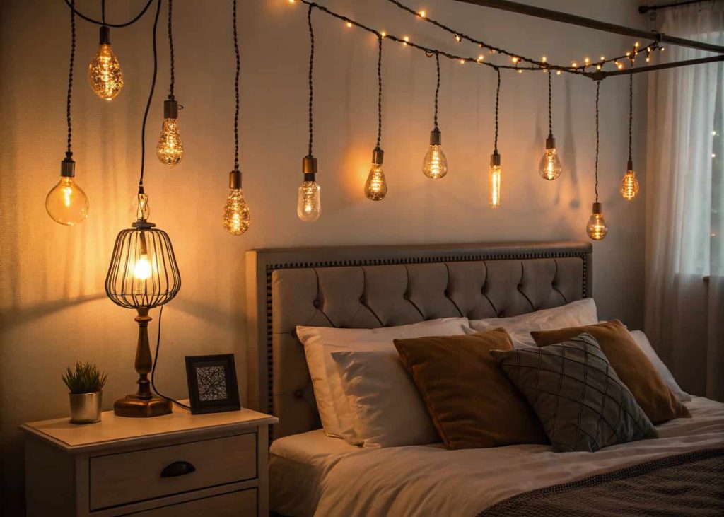 Cozy bedroom with warm Edison bulb string lights above headboard, soft golden lighting, bedside lamp glowing, night ambiance, warm amber tones, moody aesthetic bedroom photography
