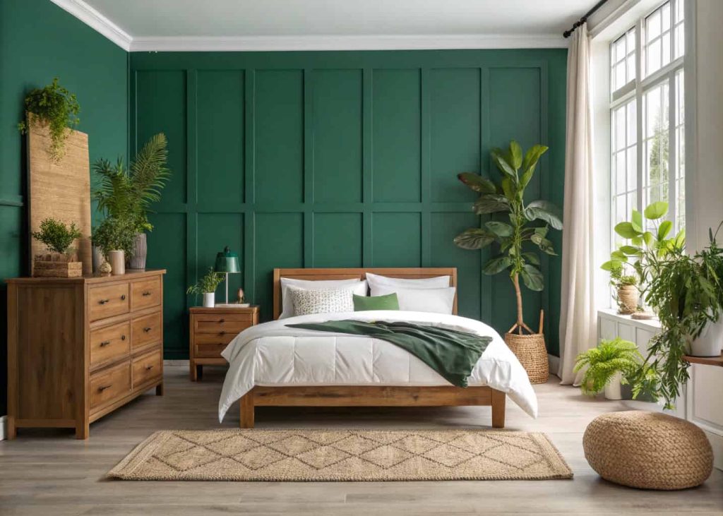  Bedroom with deep forest green accent wall behind bed, white linen bedding, warm wood furniture, potted plants, cozy aesthetic, natural light, interior design photography