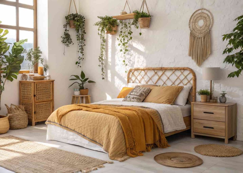 Cozy bedroom with natural wood headboard, rattan nightstand, warm toned textiles, hanging plants, boho aesthetic, soft sunlight, minimal clutter, interior design photo