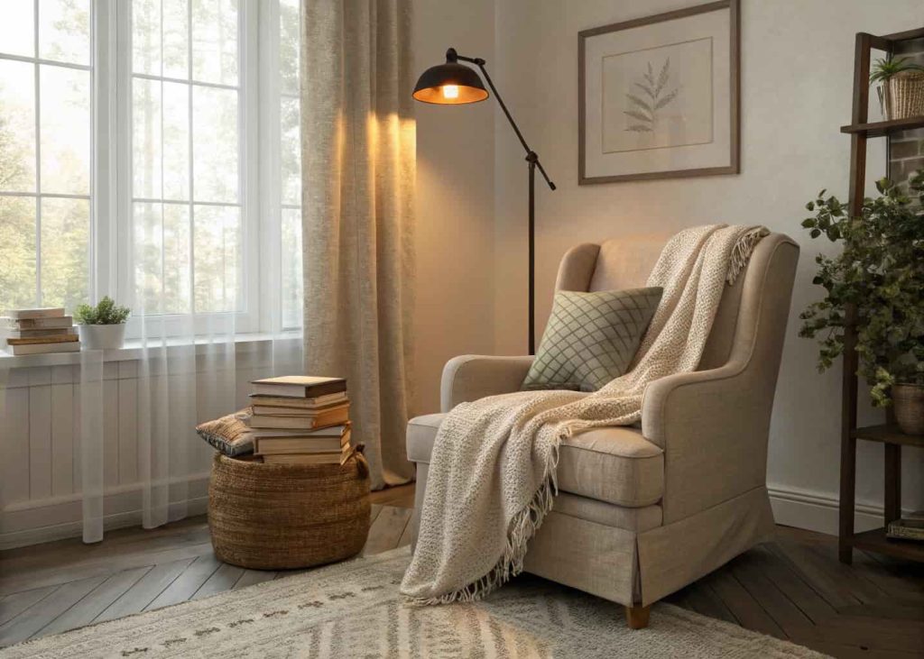Cozy reading nook in bedroom corner, oversized armchair with throw blanket, floor lamp, stacked books, warm lighting, boho cozy aesthetic, sheer curtains, natural light, interior photo