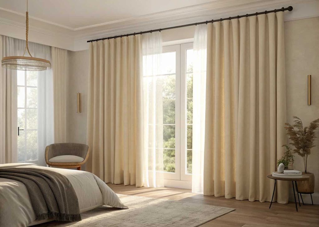 Bedroom with floor-to-ceiling linen curtains in warm cream, soft morning light filtering through, cozy aesthetic, high curtain rod, pooling fabric at floor, minimal furniture, soft color palette