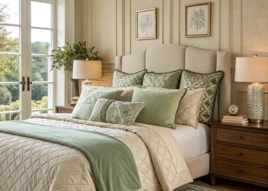  Beautifully styled bed with multiple decorative pillows, linen and velvet textures, warm neutral color palette, sage green and cream tones, cozy aesthetic bedroom, natural light, interior photography