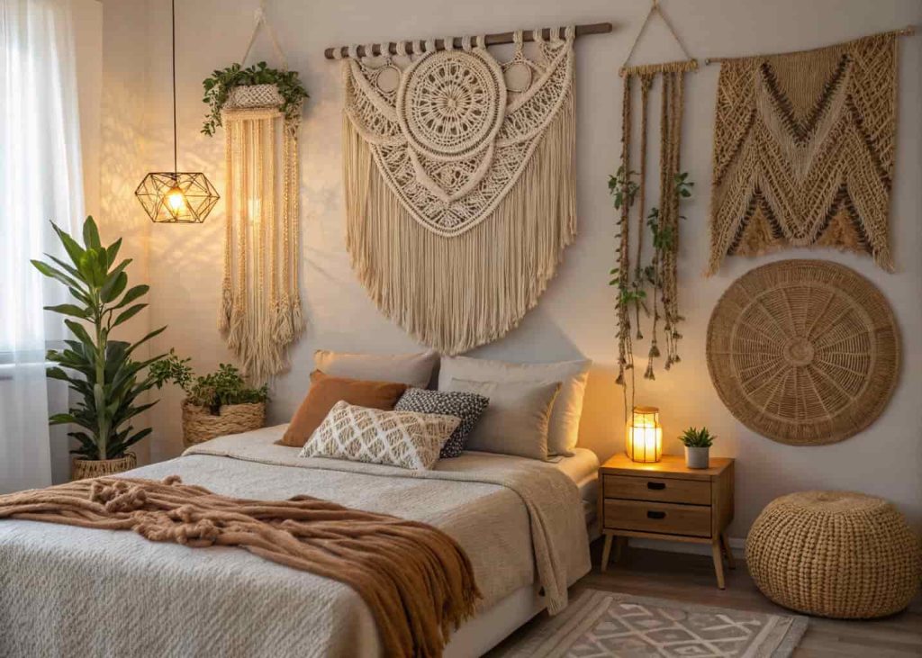  Cozy bedroom with macramé wall hanging above bed, warm neutral tones, woven textile art, boho aesthetic, natural fiber textures, warm lighting, minimal decor, lifestyle photography