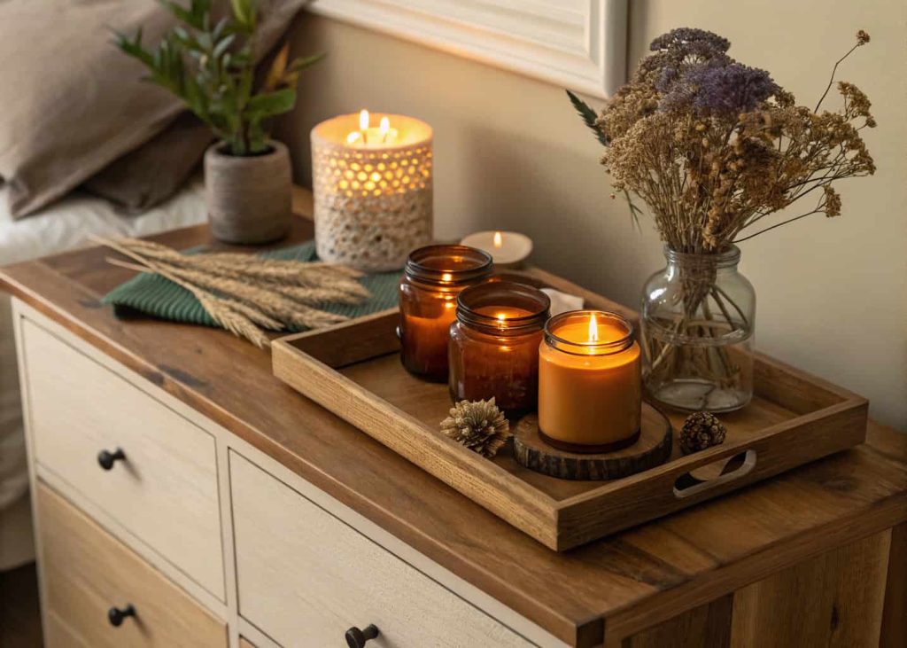 Cozy bedroom dresser with cluster of amber glass candles on wooden tray, soft candlelight glow, warm bedroom aesthetic, dried flowers beside candles, moody intimate lighting, lifestyle flat lay photography