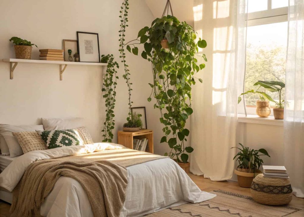 Cozy bedroom with large pothos plant on shelf, trailing green leaves, warm natural light, boho aesthetic, neutral tones, plant lover bedroom, trailing vines, lifestyle interior photography