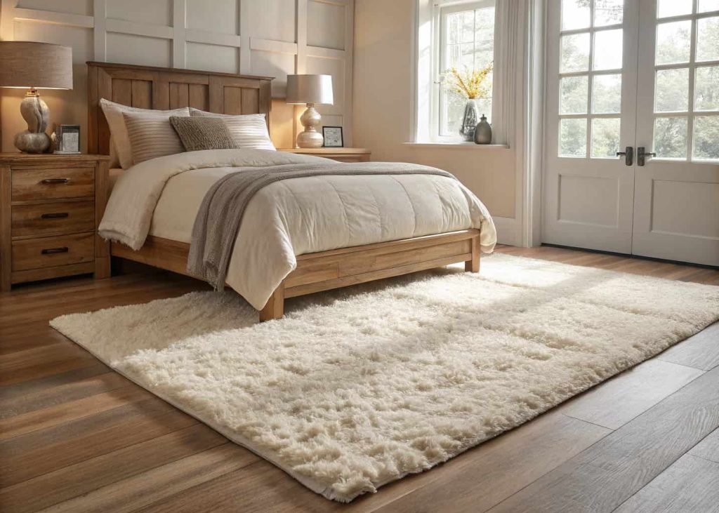 Cozy bedroom with large cream shaggy rug beside bed, warm tones, sunlight on fluffy rug texture, neutral aesthetic, wood floor peeking at edges, bed with linen bedding above, interior design photo