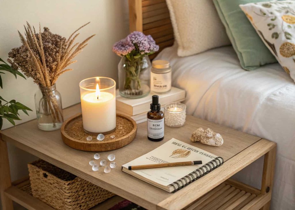  Cozy bedroom shelf styling with candle, crystals, dried flowers, small journal, skincare in aesthetic bottles, warm lighting, flat lay aesthetic, soft neutral tones, lifestyle photography