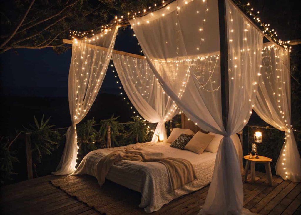 Cozy bedroom with warm white fairy lights draped above bed in canopy style, soft glowing ambiance, dark background, dreamy aesthetic, linen bedding, intimate bedroom lighting, night photography