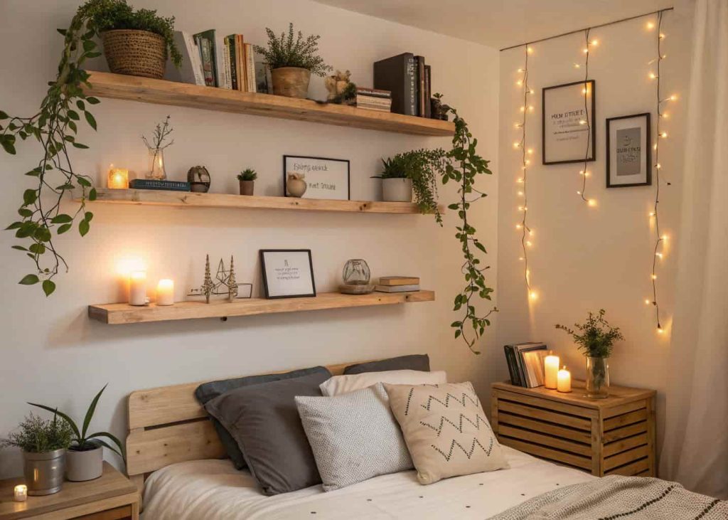 Cozy bedroom with floating wooden shelves styled with books, small plants, candles and personal objects, warm lighting, neutral tones, Scandinavian boho aesthetic, wall shelf styling, interior photo