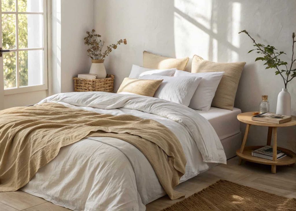 Cozy bed with rumpled linen bedding in warm oat and white tones, natural morning light, effortlessly styled aesthetic, wrinkled linen texture close up, minimal bedroom, lifestyle photography