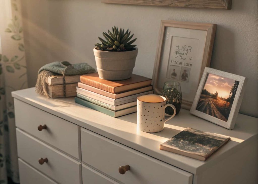 Cozy bedroom dresser with personal trinkets, stacked books, framed photo, small succulent, ceramic mug, warm lighting, lifestyle aesthetic flat lay, soft tones, morning light, intimate home photography